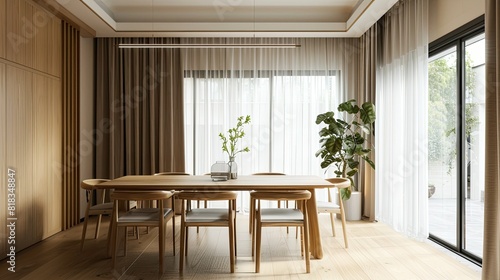 Modern dining room with wooden chairs and table  beige curtains on the window  white ceiling lamp  light brown walls  minimalist style.