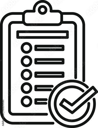 Clean line art illustration of a clipboard checklist icon with a check mark signifying task completion