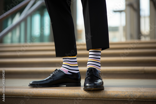 Legs with black pants, different pair of socks and black shoes standing on stairs outdoors. Young man foots in mismatched socks. Odd Socks day, Anti-Bullying Week, Down syndrome awareness concept