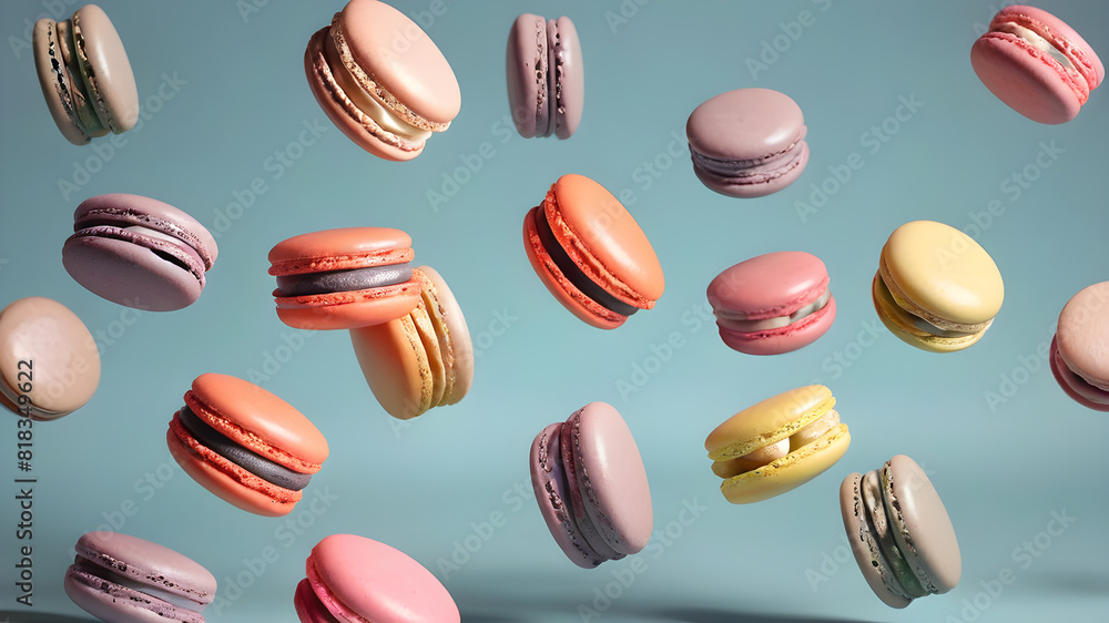 Flying colorful macarons background, Generative AI Flying colorful macarons background, Generative AI