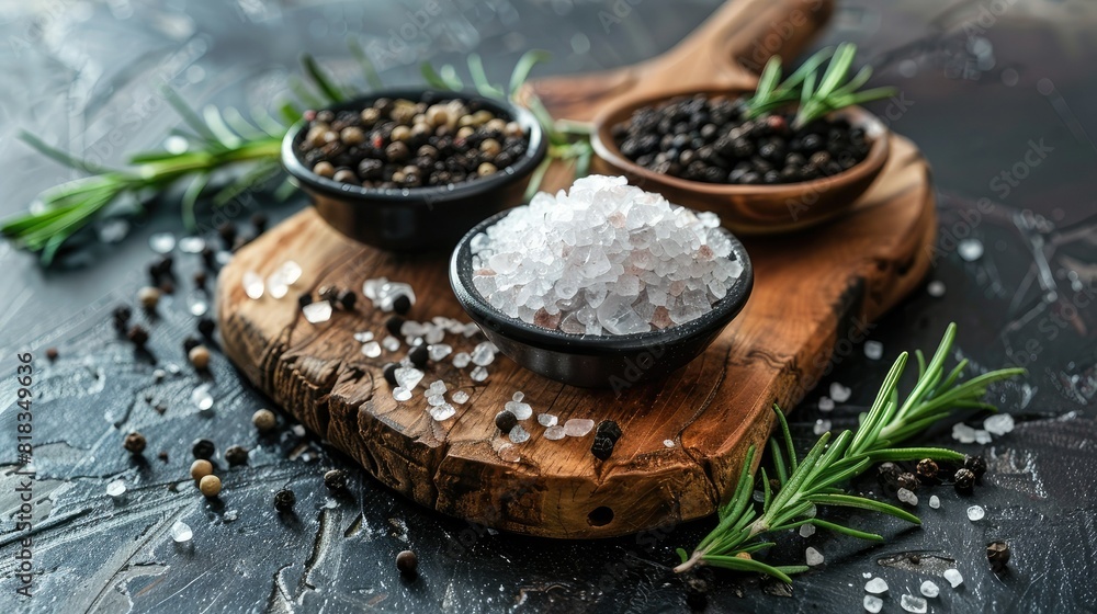 An old wooden board with salt crystals surrounded by black pepper and rosemary leaves. An empty bowl of sea salt sits nearby. Other spices are scattered on a gray background. An old wooden board with salt crystals surrounded by black pepper and rosemary leaves. An empty bowl of sea salt sits nearby. Other spices are scattered on a gray background.
