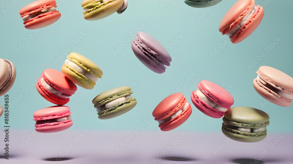 Flying colorful macarons background, Generative AI Flying colorful macarons background, Generative AI