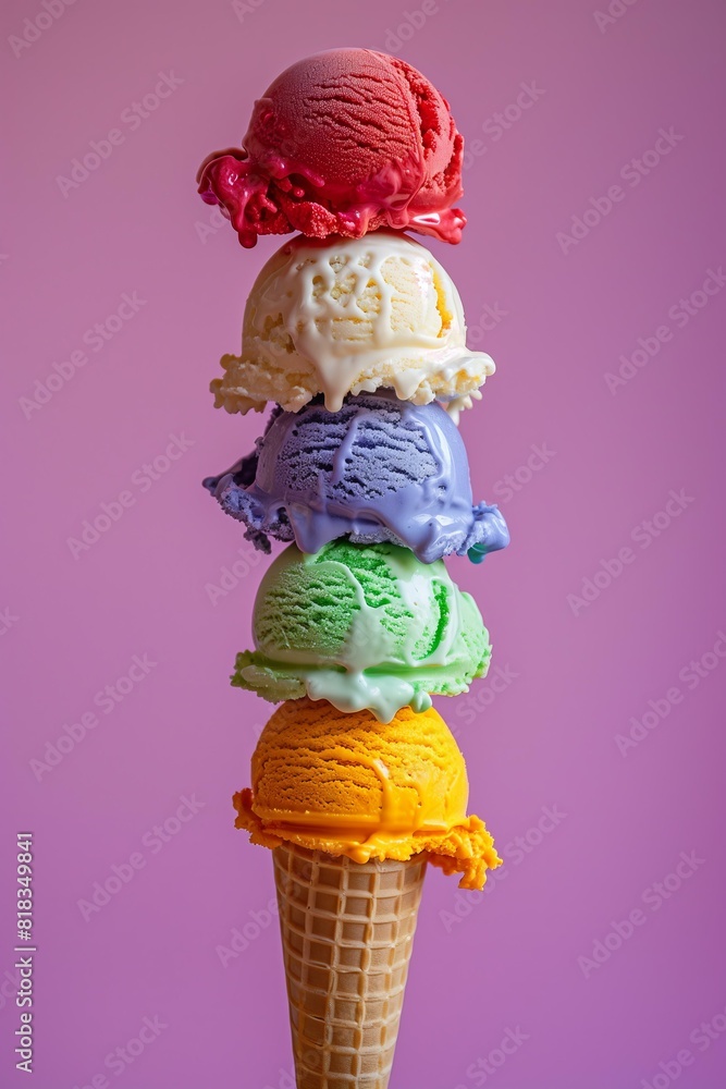 stacked scoops of colorful ice cream in a cone pastel mauve background stacked scoops of colorful ice cream in a cone pastel mauve background