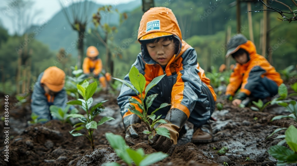 Group of asian children planting trees in the rainforest Group of asian children planting trees in the rainforest