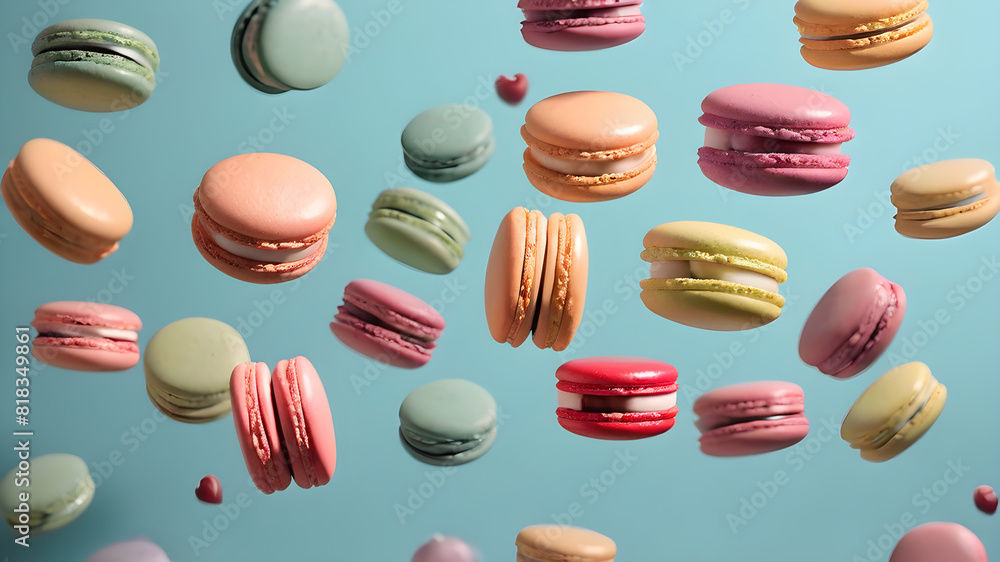 Flying colorful macarons background, Generative AI Flying colorful macarons background, Generative AI