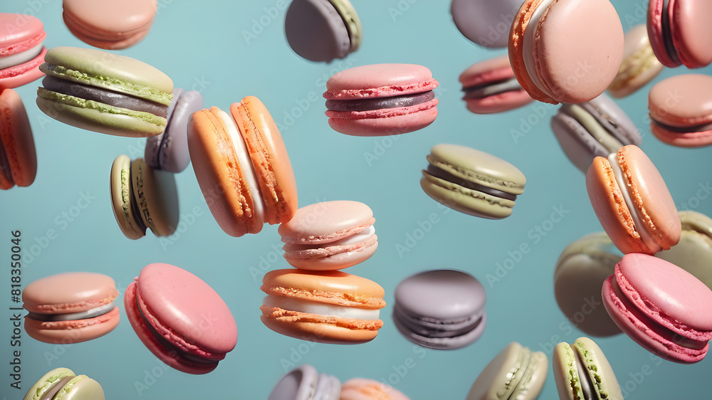 Flying colorful macarons background, Generative AI