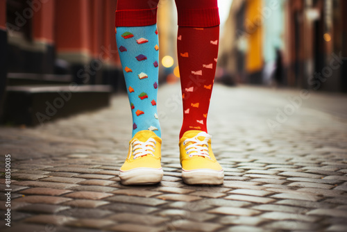 Kid legs with different pair of socks and red sneakers standing in the street outdoors. Child foots in mismatched socks. Odd Socks day, Anti-Bullying Week, Down syndrome awareness concept photo