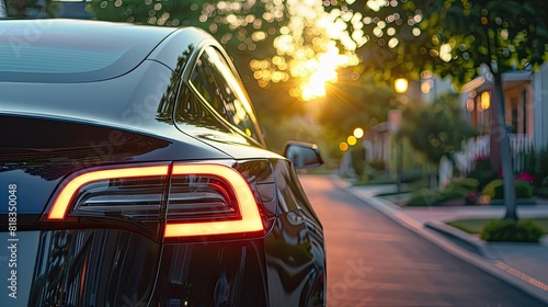 Close-up rear view of a black car parked on the street, city street, autumn trees reflecting from the hood and taillights, urban setting with buildings in the background.