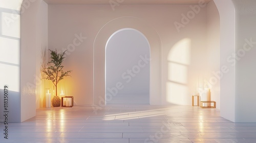 A minimalist white arch with candles on the wall  creating an atmosphere of calm and sophistication. Soft lighting highlights their elegant forms against a clean background.