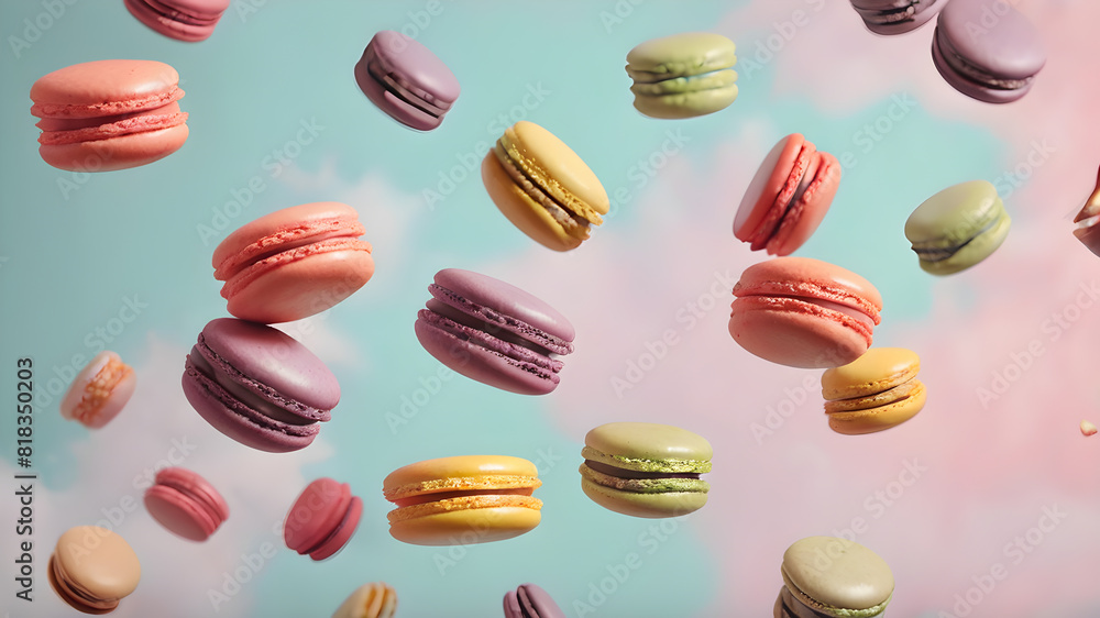 Flying colorful macarons background, Generative AI Flying colorful macarons background, Generative AI