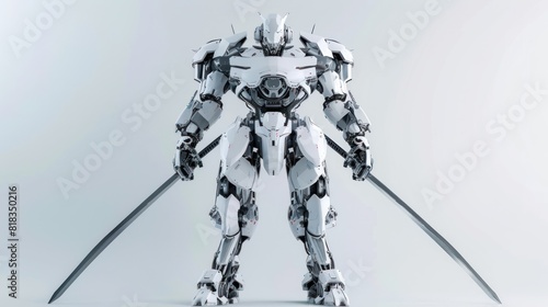 Futuristic white robot samurai warrior standing while holding two katana swords. Generated AI