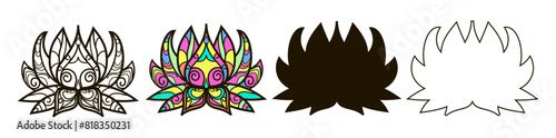 Set of 4 lotuses in one line, outline, doodle and black silhouette style. Mandala. Vintage decorative elements. Oriental ornaments. Indian, Moroccan, Chinese, mythical motifs.
