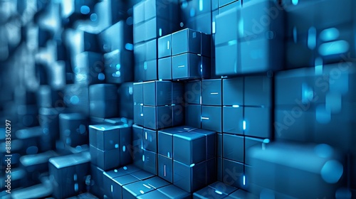 A blue backdrop featuring 3d cubes in a technology concept background with glowing lights. 