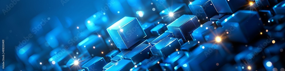 A blue backdrop featuring 3d cubes in a technology concept background with glowing lights. A blue backdrop featuring 3d cubes in a technology concept background with glowing lights.