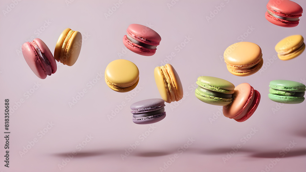 Obraz premium Flying colorful macarons background, Generative AI