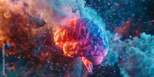 Creative colorful brain - creative and mathematical mindset. Explosion of colors and creativity, concept. Mathematics, formulas and chemistry. Smart and creative mind. High quality photo