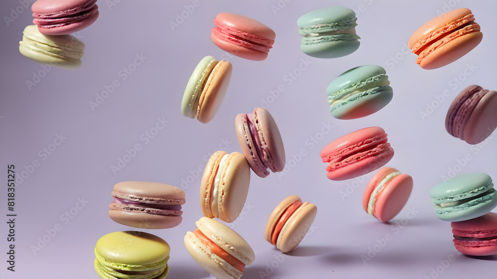 Flying colorful macarons background, Generative AI Flying colorful macarons background, Generative AI