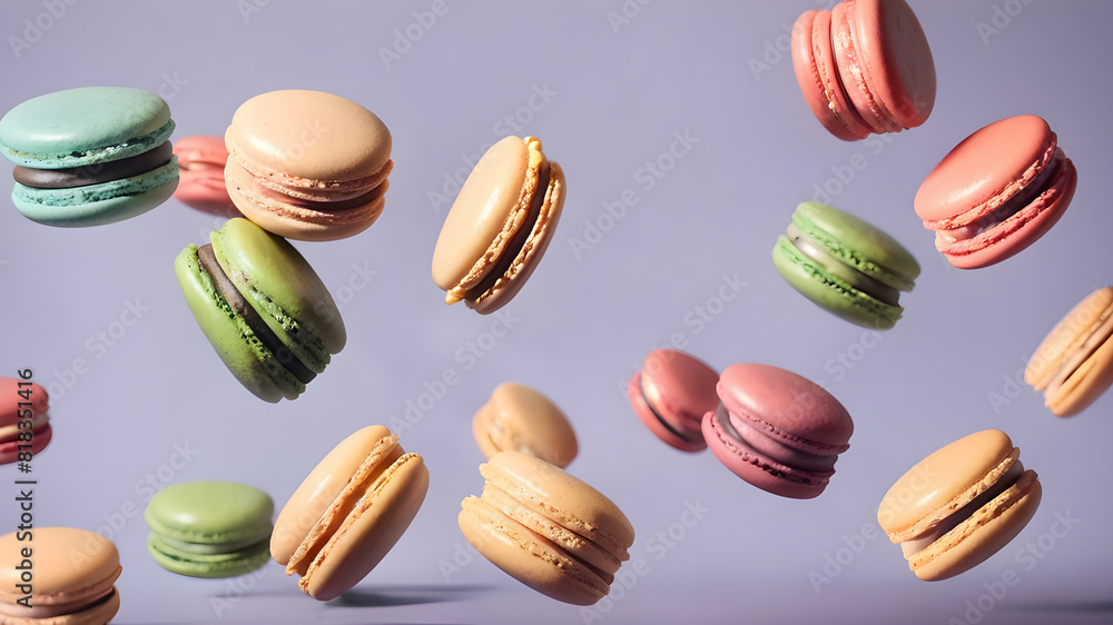 Flying colorful macarons background, Generative AI
