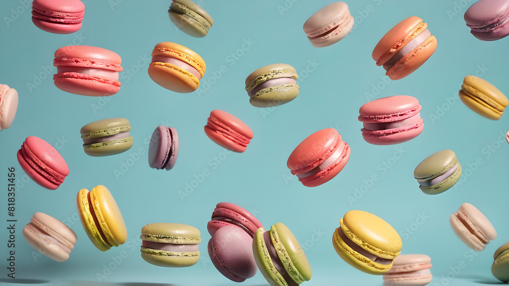 Flying colorful macarons background, Generative AI Flying colorful macarons background, Generative AI