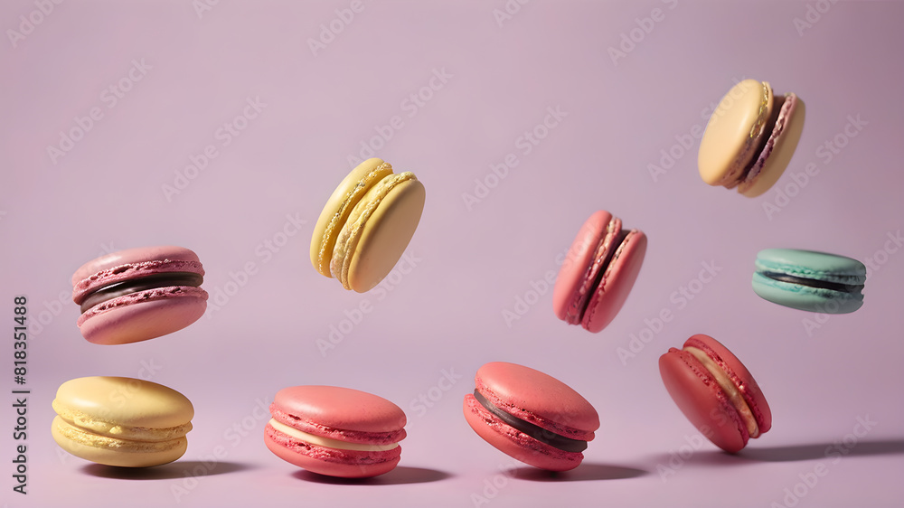Flying colorful macarons background, Generative AI Flying colorful macarons background, Generative AI