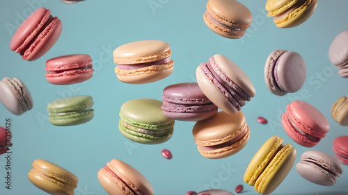 Flying colorful macarons background, Generative AI