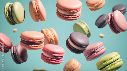 Wallpaper Mural Flying colorful macarons background, Generative AI Torontodigital.ca