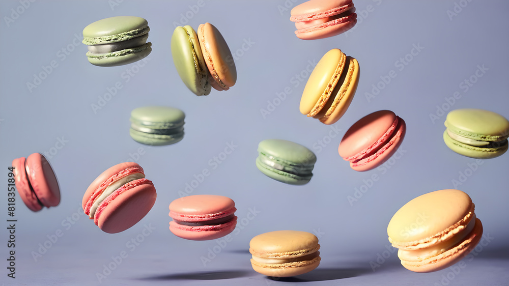 Flying colorful macarons background, Generative AI Flying colorful macarons background, Generative AI