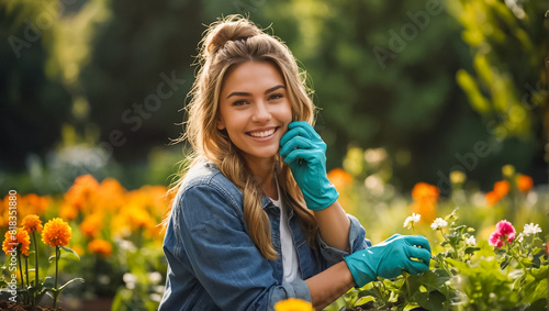 Smiling woman wearing gloves in the garden