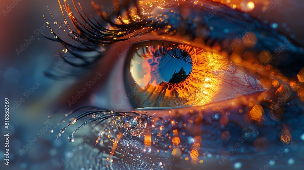 An artistic painting of a woman's eye with eyelashes surrounded by water and fire creating a beautiful pattern reminiscent of fractal art in a landscape. Hihg quality photo An artistic painting of a woman's eye with eyelashes surrounded by water and fire creating a beautiful pattern reminiscent of fractal art in a landscape. Hihg quality photo