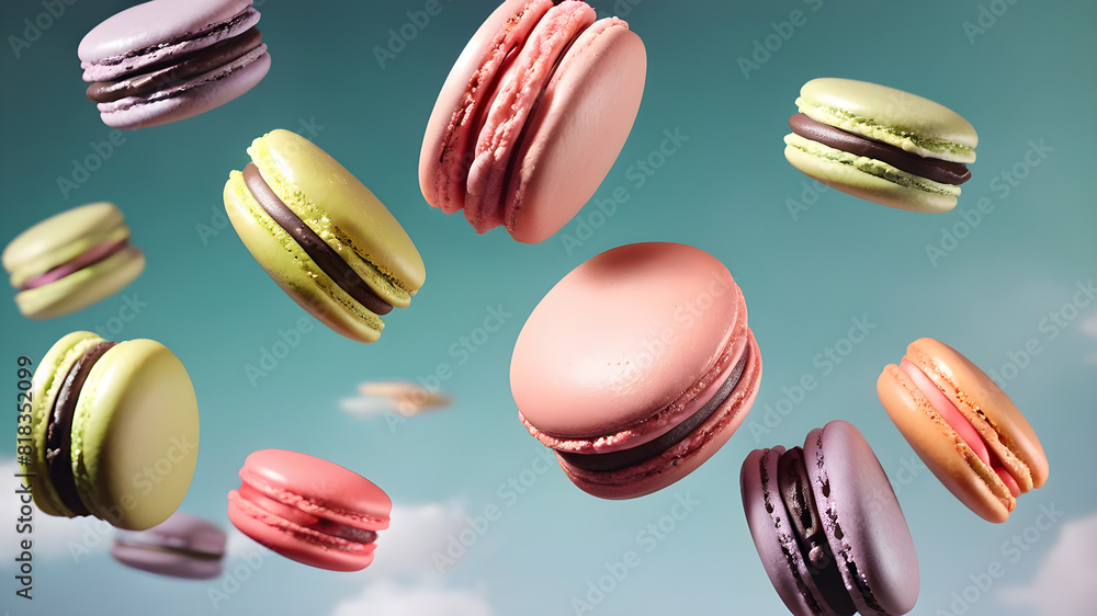 Flying colorful macarons background, Generative AI Flying colorful macarons background, Generative AI