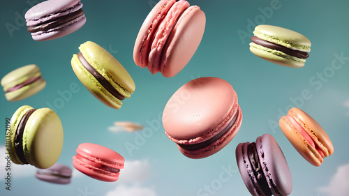 Wallpaper Mural Flying colorful macarons background, Generative AI Torontodigital.ca