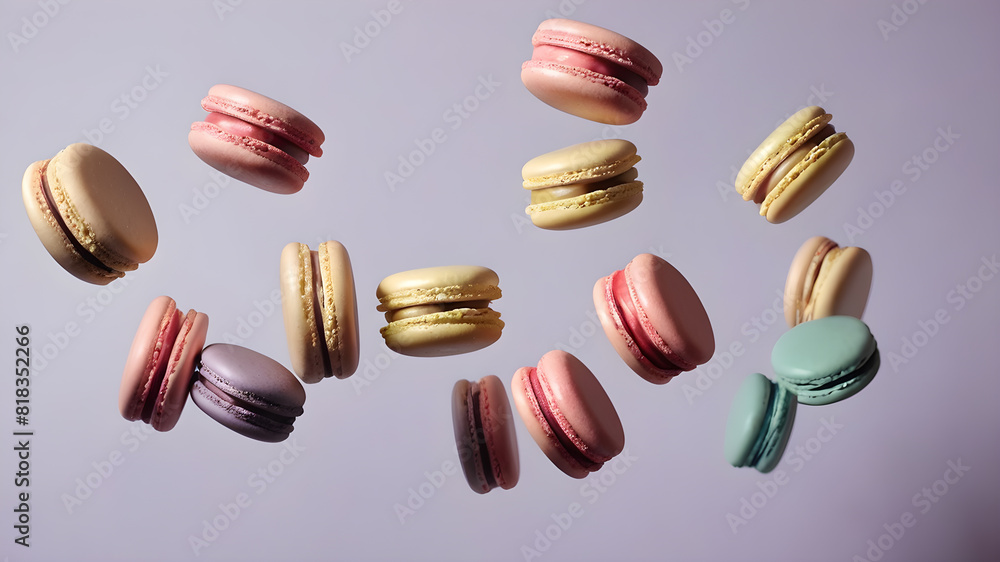Flying colorful macarons background, Generative AI Flying colorful macarons background, Generative AI