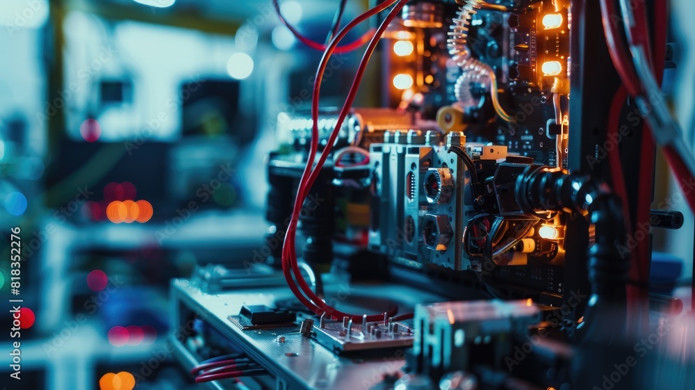 Close-up of robotics components and wiring in a tech lab, highlighting advanced engineering and automation Close-up of robotics components and wiring in a tech lab, highlighting advanced engineering and automation