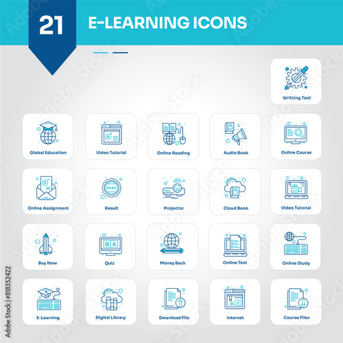 E-learning Icons Collection Engaging Set of Online, Course, Education, Training, Class, Student, Learning, Tutorial, Video, Lesson - Editable Vector Icons