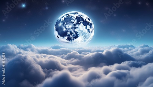 Beautiful Moon in the Skies. Flying Over the Infinite Clouds with the Night Moon Shining Seamless. Looped 3d image with Moonlight Over the Horizon