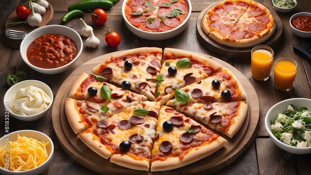 Pizza party day with a mouth-watering spread of cheesy, saucy, and savory slices, placed on a rustic wooden table Pizza party day with a mouth-watering spread of cheesy, saucy, and savory slices, placed on a rustic wooden table