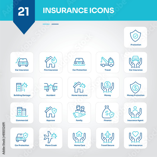 Insurance Icons Collection Secure Set of Shield, Protection, Policy, Coverage, Risk, Health, Auto, Home, Life, Claim - Editable Vector Icons