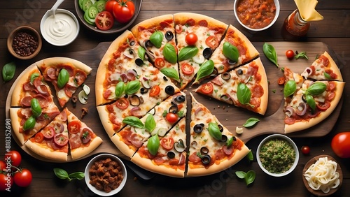 Pizza party day with a mouth-watering spread of cheesy  saucy  and savory slices  placed on a rustic wooden table