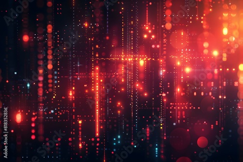 Abstract digital matrix with glowing red and orange lights, resembling a futuristic cityscape or data stream