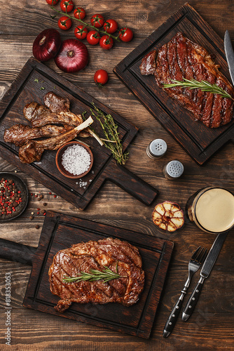 Wooden table served with various grilled meat, vegetables and glasses of beer. Striploin steak, ribeye steak and lamb ribs on wooden cutting boards. Top view