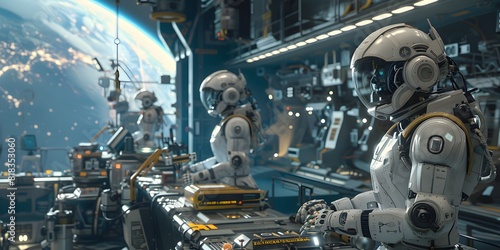 Humanoid robots working in a high-tech space station with Earth visible through a large window in the background