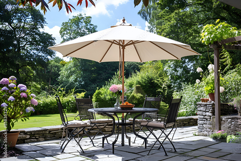 Patio with garden furniture and parasol