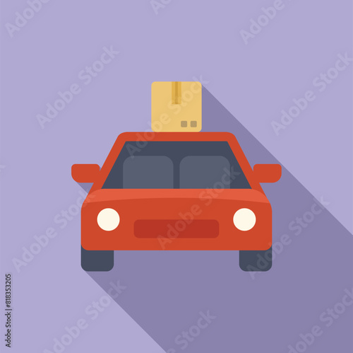 Flat design illustration of a red delivery car with a package on top, isolated on a purple backdrop