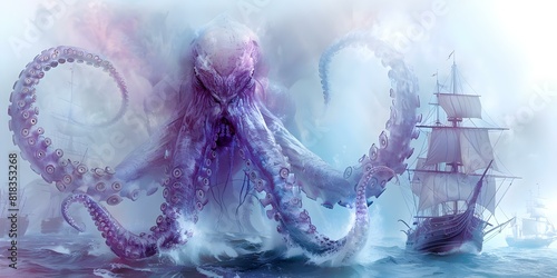 The Terrifying Kraken Emerges from the Depths to Engulf Ships. Concept Fantasy Creatures, Maritime Legends, Nautical Myths photo
