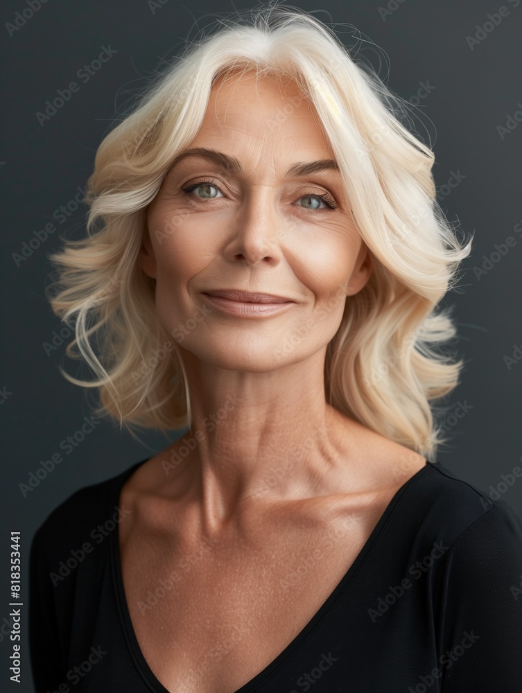 Closeup portrait from a beautiful middle aged caucasian blond woman, studio shot. Closeup portrait from a beautiful middle aged caucasian blond woman, studio shot.