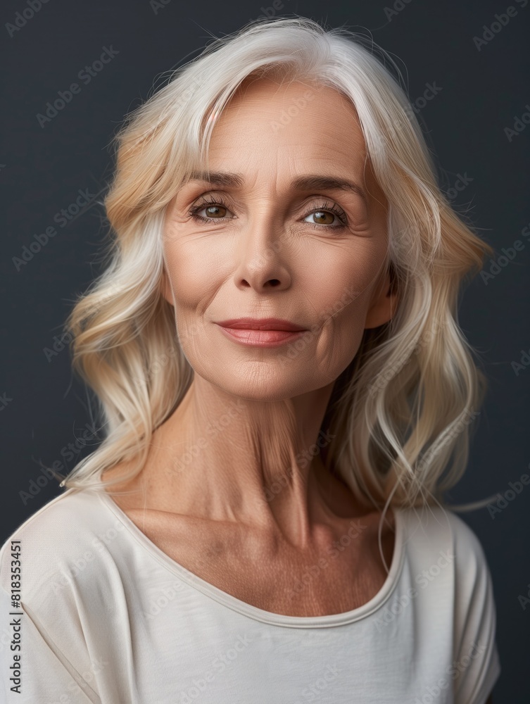 Closeup portrait from a beautiful middle aged caucasian blond woman, studio shot. Closeup portrait from a beautiful middle aged caucasian blond woman, studio shot.