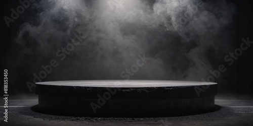 Podium dark smoke black background product platform stage fog spotlight, concrete table wall scene place display studio smoky dust