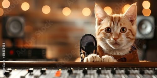 Cat dressed in human clothes in recording studio preparing to record podcast. Concept Funny Cat Photoshoot, Pet in Human Clothes, Podcast Recording, Studio Session, Animal-Cosplay Podcaster #818353488