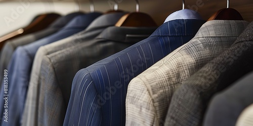 Tailored, personalized suits in various styles and colors neatly displayed on hooks along a wall.
