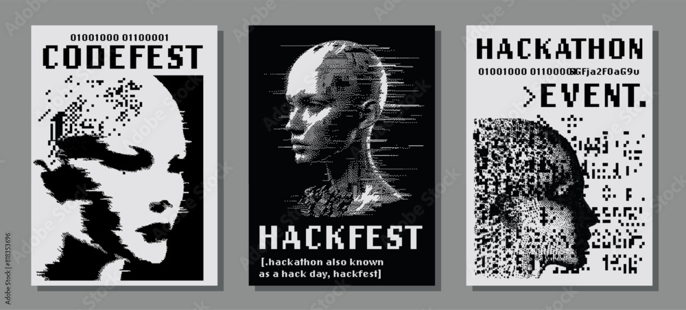 Set of futuristic posters with 8-bit pixel art illustrations of glitched human heads. Covers for hackathon (also known as a hack day, hackfest, datathon or codefest) event.